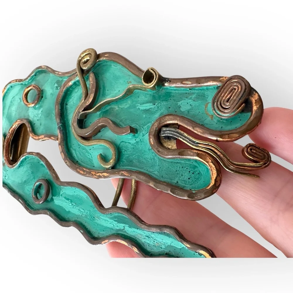 Vintage MCM Hubert Harmon Mayo Mexico Enamel Brass Brutalist Belt Buckle - Picture 9 of 11
